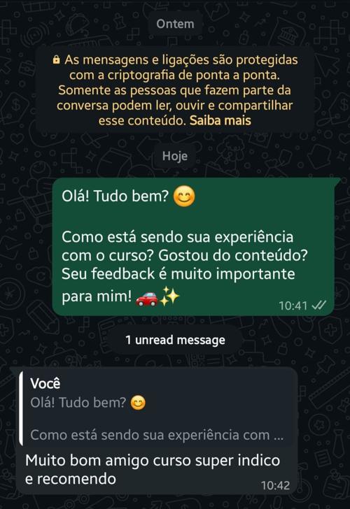 Print de conversa de aluno no WhatsApp elogiando o curso