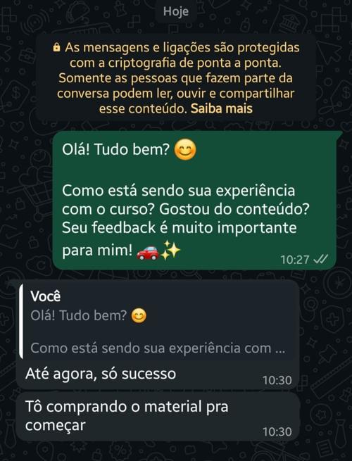 Print de conversa de aluno no WhatsApp iniciando o curso